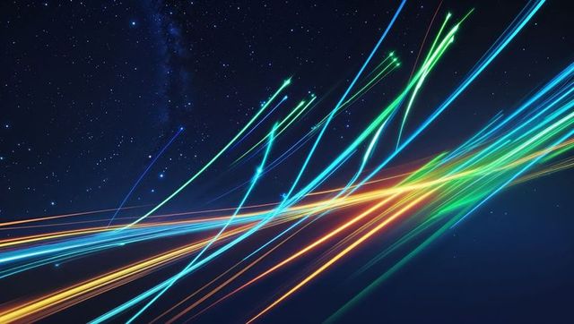Neon Light Trails in Starry Night Sky: Futuristic Motion Background
