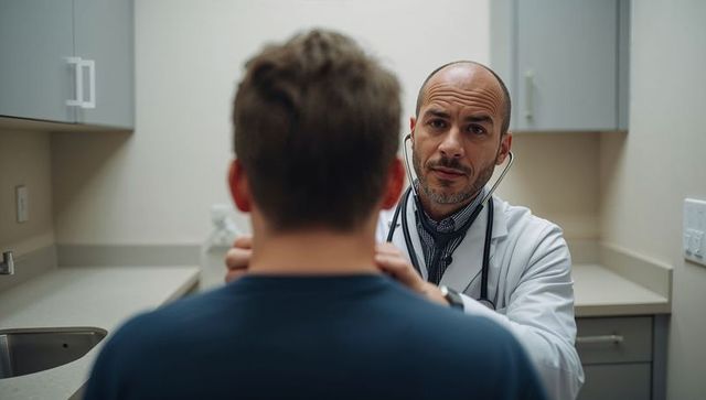 Doctor listening to patient with stethoscope during clinical examination in exam room