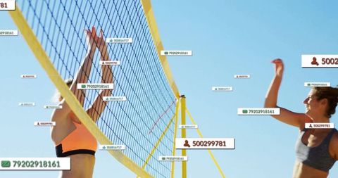 Women playing beach volleyball with digital enhancements