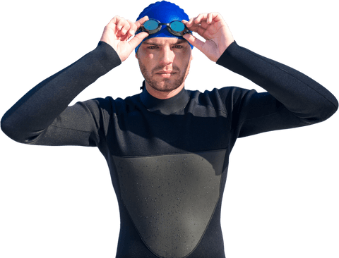 Caucasian swimmer wearing swim goggles preparing for competition transparent