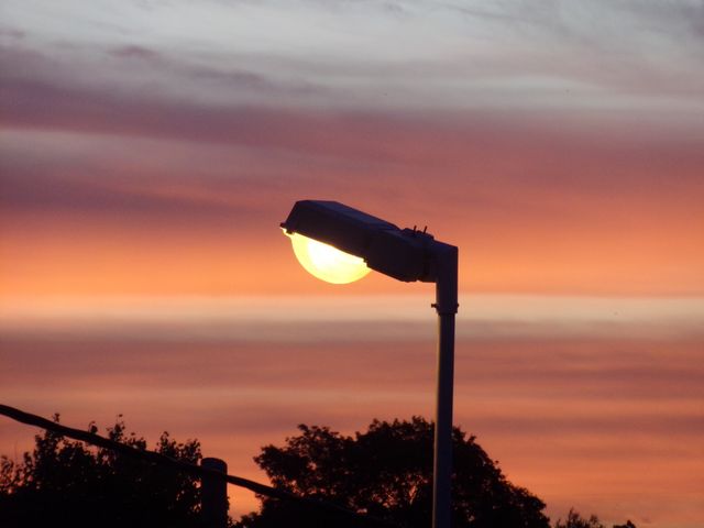 Street lamp glowing at dusk against dramatic sunset sky. Black silhouettes of trees add contrast to vibrant colors in the background. Ideal for publications related to urban scenery, nature, or evening landscapes.