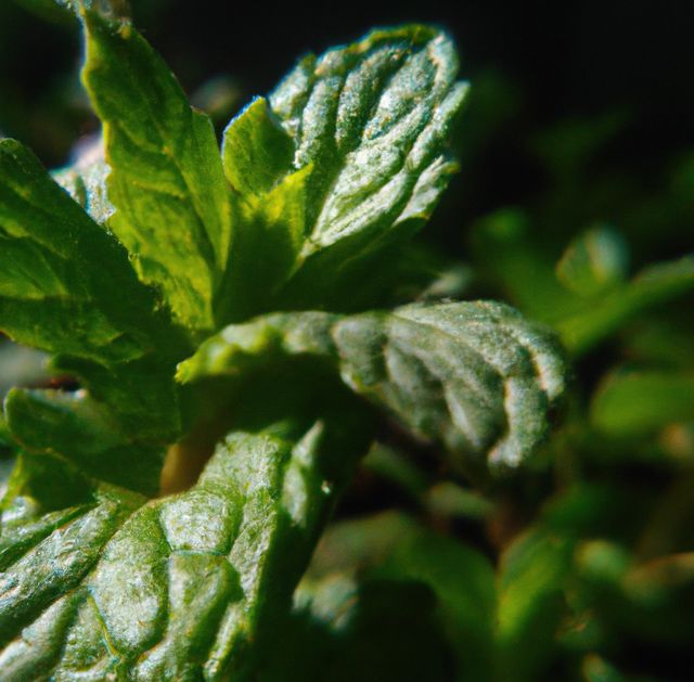 Detailed close-up of fresh green mint leaves showing crisp texture and vibrant color. Dark background highlights the freshness and healthiness of the mint. Ideal for herbal remedy advertising, culinary blog illustrations, natural product packaging, or botanical presentations.
