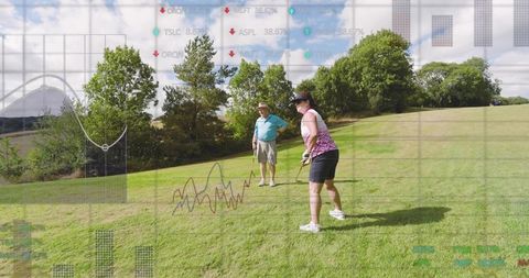 Woman preparing to swing golf club on fairway with analytics overlay and partner watching