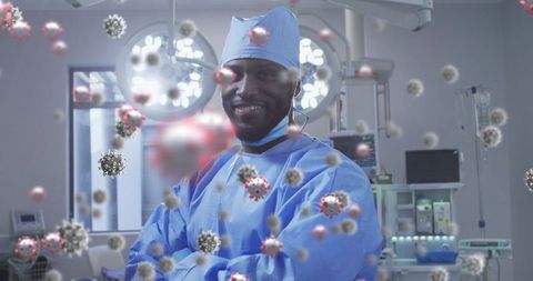 Confident surgeon in hi-tech operating room with virus overlay