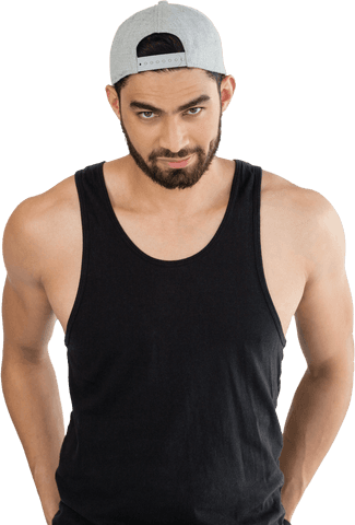 Transparent Background Male Model in Black Tank Top Wearing Cap