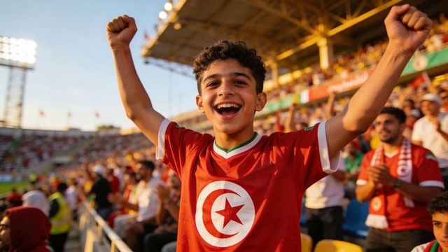 Cheering tunisian teen fan raising arms in stadium during football match celebration joy