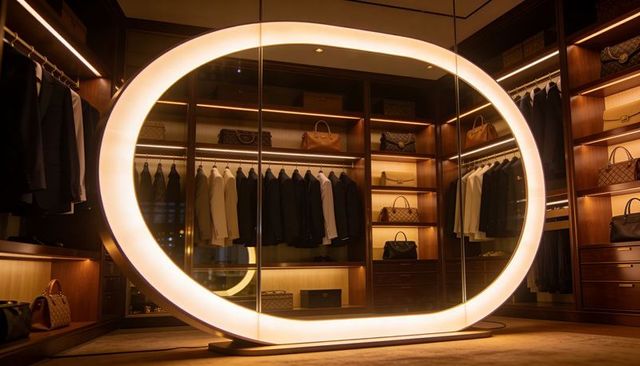 Illuminated oval mirror reflecting luxury walk-in closet with suits and designer handbags
