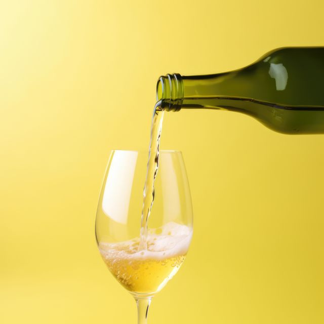 Bottle of wine pouring into a wine glass against a vibrant yellow background. Perfect for use in advertisements, wine promotion, social media posts about beverage enjoyment, and celebratory event promotions.