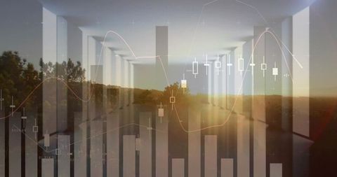 Sunset Corridor Blending with Transparent Financial Charts, Candlestick Trends Overlay