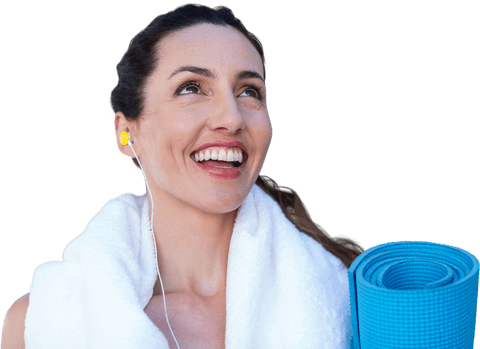 Transparent background woman smiling with yoga mat and earphones