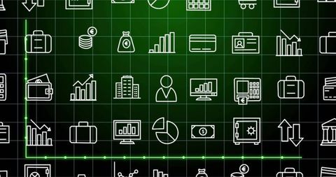 Displaying centered grid of white business and finance icons on green digital dashboard with neon tr