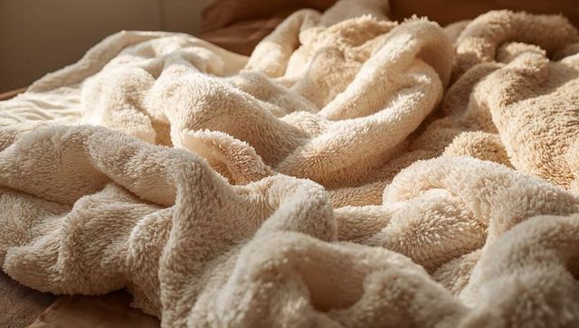 Cream beige plush fleece blanket catching sunlight draped over neutral bedding