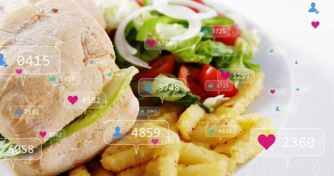 Crusty sandwich, crispy fries and fresh salad with social media engagement badges