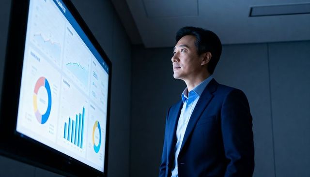 Asian executive studying business analytics dashboard on large display in modern boardroom
