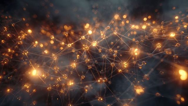 Glowing neural network connecting luminous nodes forming dynamic digital lattice