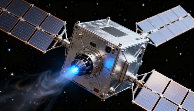 Cube satellite firing blue plasma plume from central thruster with deployed solar panels in orbit