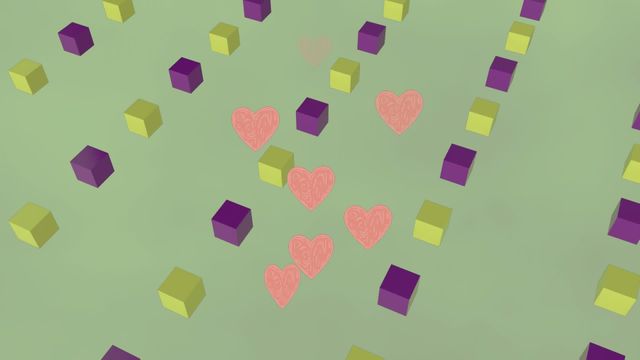 This visually engaging animation displays floating hearts intertwined with purple and yellow cubes on a green background. The combination creates a lively and whimsical atmosphere that is ideal for digital media, presentations, social media graphics, and Valentine's Day themes. Its abstract nature makes it versatile for various creative projects and background elements for web designs.