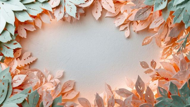 Backlit papercraft oval foliage frame with die-cut leaves and led glow on textured panel