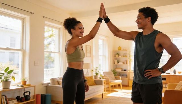 Couple High-Fiving After Home Workout in Sunlit Living Room, Morning Fitness Together