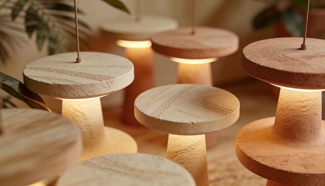 Glowing ceramic mushroom pendant lamps hanging over wood table, warm minimalist decor