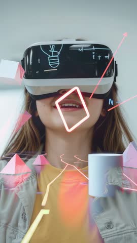 Young woman exploring immersive VR world with glowing 3D shapes and lightbulb icons demo