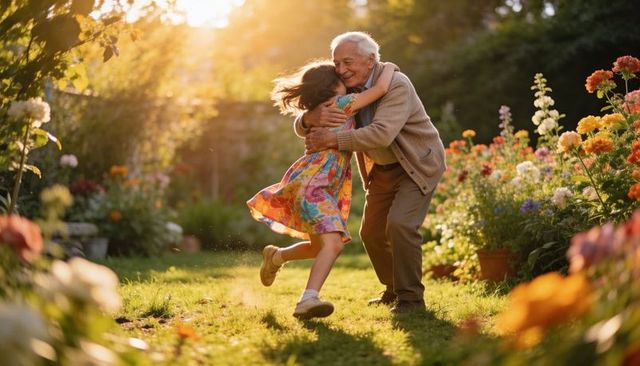 Grandfather hugging spinning granddaughter in sunlit garden full of colorful flowers