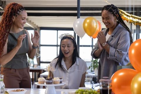Office Birthday Celebration with Cupcakes and Decorations