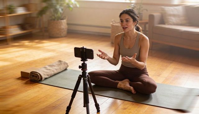 Female Yoga Instructor Leading Live Virtual Class from Sunlit Living Room Using Smartphone