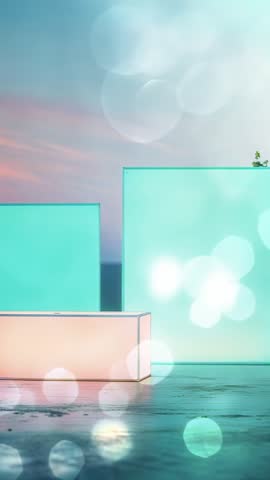 Vertical ambient seaside scene with drifting bokeh flares revealing glowing pastel blocks