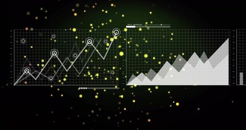 Displaying Futuristic HUD Data Visualization with Neon Line and Area Charts on Dark Grid