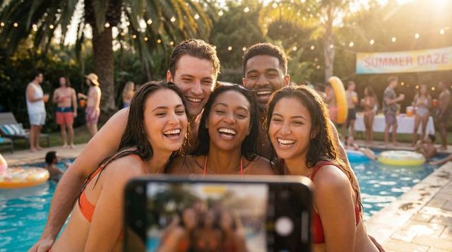 Friends taking poolside selfie at summer party during golden hour