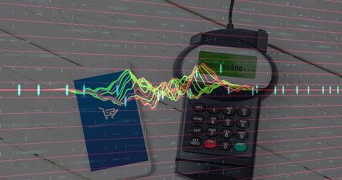 Fintech payment processing mobile phone and handheld card reader with waveform overlay