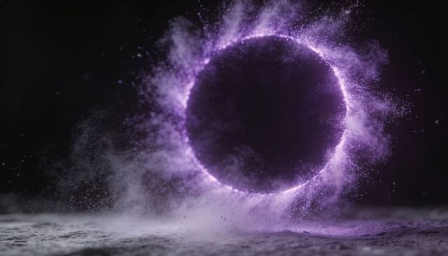 Hovering violet particle ring emitting glowing dust and mist halo
