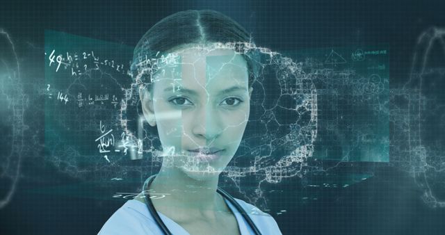 Image of screens with mathematical equations over 3d brain spinning, biracial female doctor in the background. Global medicine science research network interface concept digital composite.