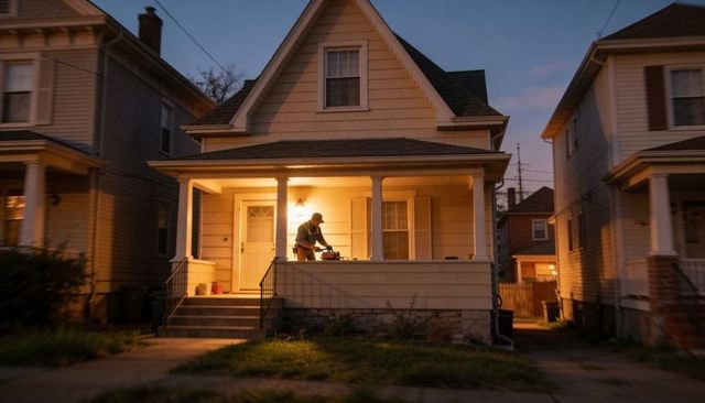 Male contractor cutting wood on front porch at twilight during suburban home renovation