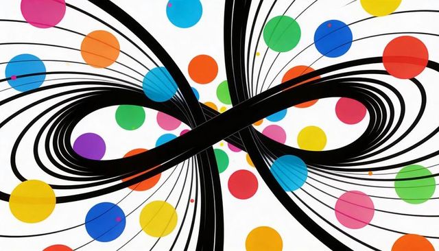 Black infinity ribbon forming dynamic loop with colorful polka dots and radiating lines