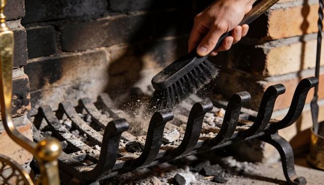 Brushing ash from cast-iron fireplace grate with stiff brush, hearth cleaning close-up