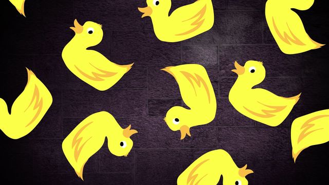 Illustration of a playful pattern featuring cute yellow cartoon ducks arranged on a dark background. This whimsical design is suitable for children's products, playful print fabrics, or as fun wallpaper. It adds a cheerful touch to kids' clothing, accessories, or educational materials aimed at young audiences.