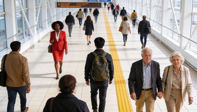 Walking senior couple holding hands in bright airport corridor with diverse commuters