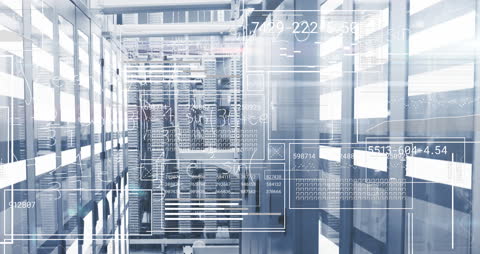 Futuristic Data Center with Digital Interface and Mathematical Calculations Overlay