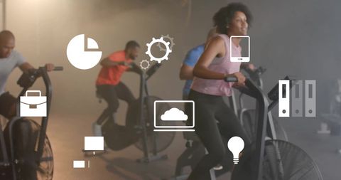 Diverse Team on Elliptical Machines with Business Icons Overlay