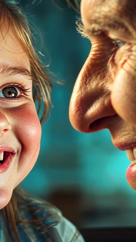 Vertical video of smiling child and grandfather sharing tender closeup bond and joyful laughter