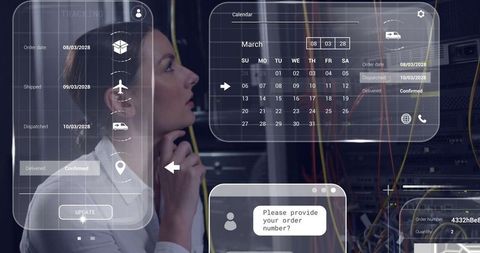 Woman Analyzing Digital Interface in Data Center Environment