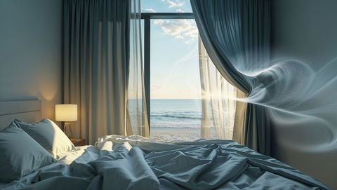 Serene coastal bedroom overlooking ocean horizon