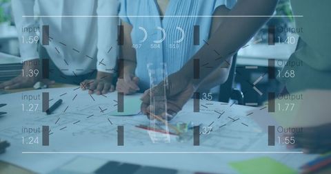 Diverse Business Professionals Analyzing Data with Futuristic Overlay