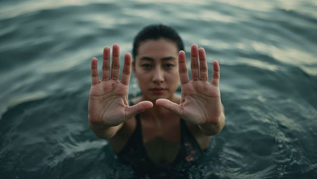 Asian woman extending palms toward camera standing in calm lake at dusk, contemplative mood
