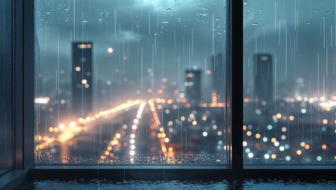 Rainy Window Overlooking Blurred City Lights at Night