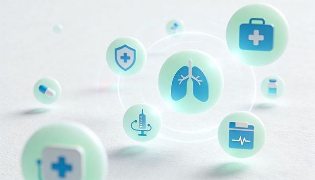 Floating lungs orb with pastel mint medical icons, futuristic healthcare data concept