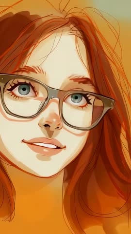 Vertical video of red-haired woman smiling and gazing upward in soft watercolor portrait