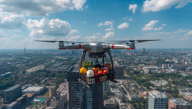 Drone delivering contactless groceries over urban skyline carrying milk bread oranges in basket